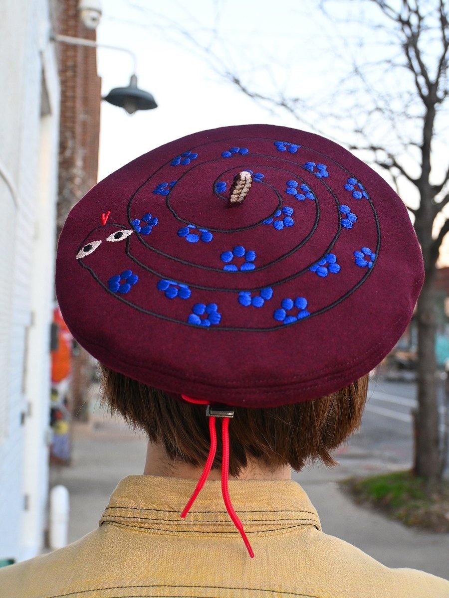 "Snake" Beret. Designed by HO HOS HOLE IN THE WALL. Made and embroidered in NYC.