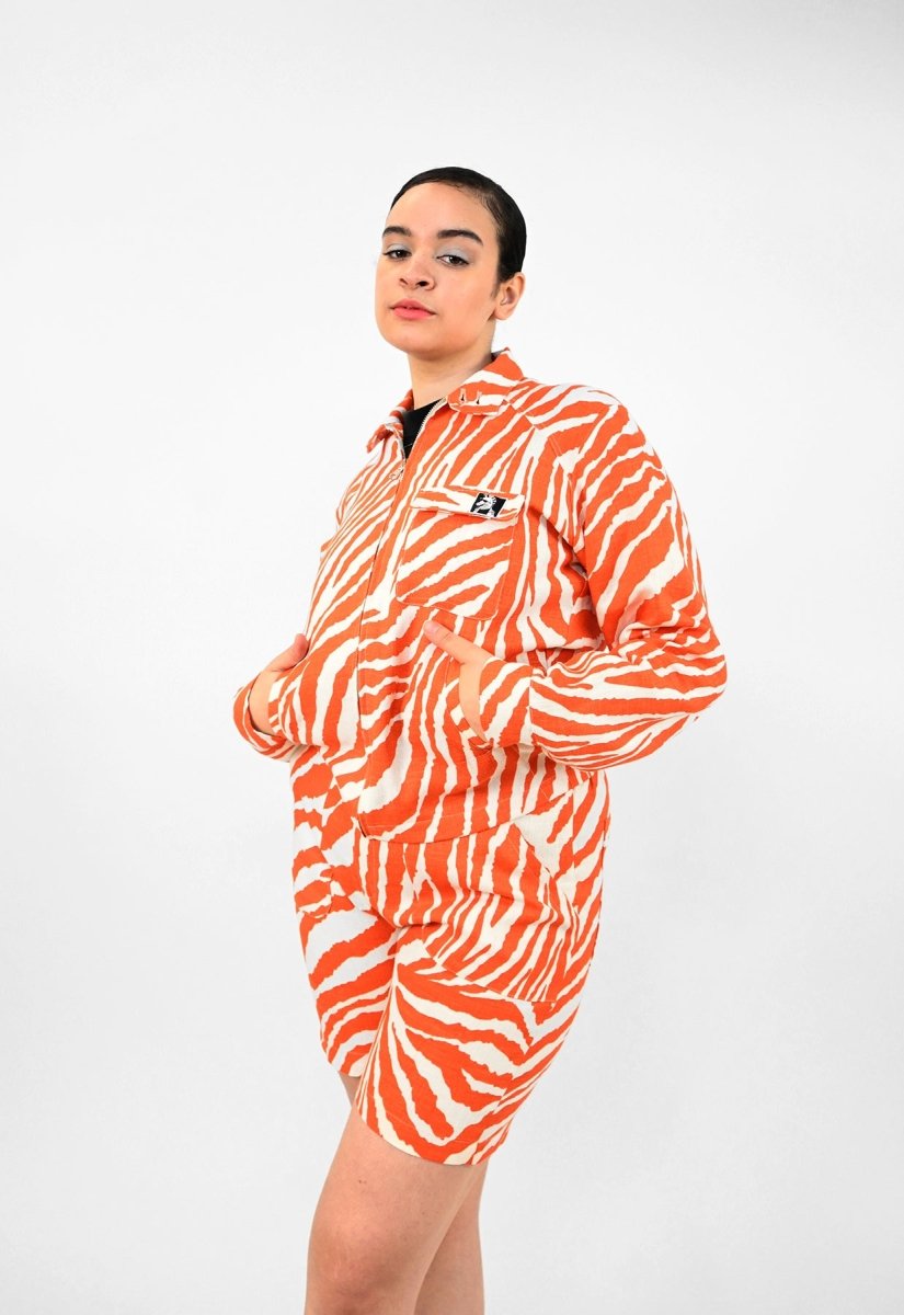 orange stripe zebra print linen suit party designer HO HOS HOLE IN THE WALL NYC Natali Koromoto Martinez