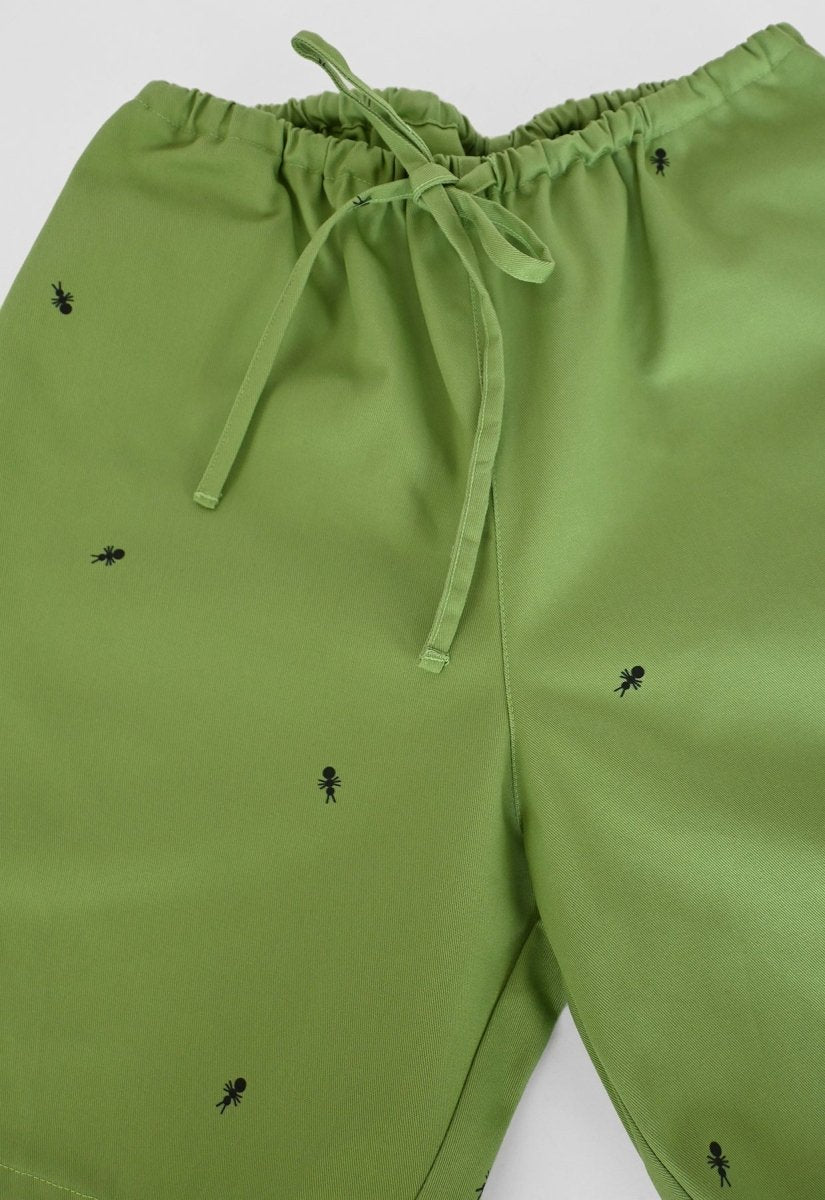 HO HOS HOLE IN THE WALL brand Custom print "Ants on Your Pants" pull-on shorts in Avocado Green dye colorway