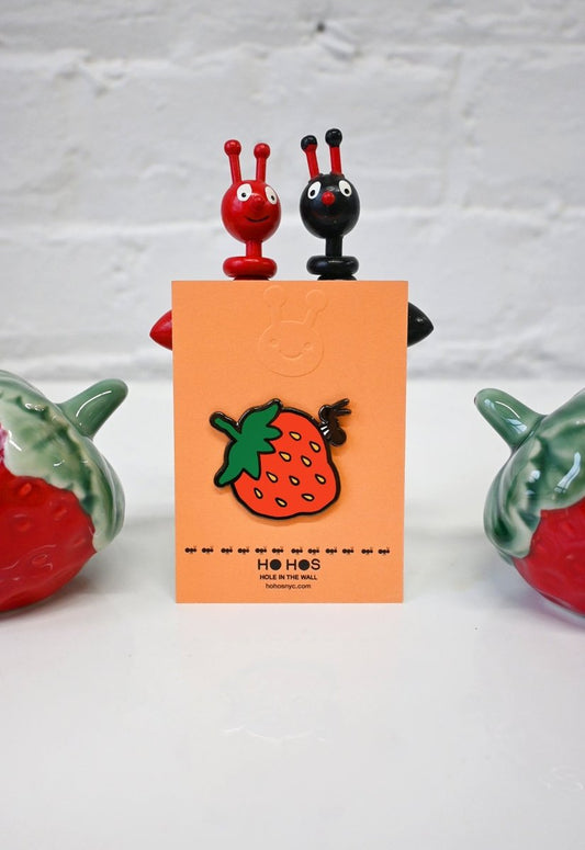"Strawberry & Ant" Enamel Pin. Design by HO HOS HOLE IN THE WALL (NYC)